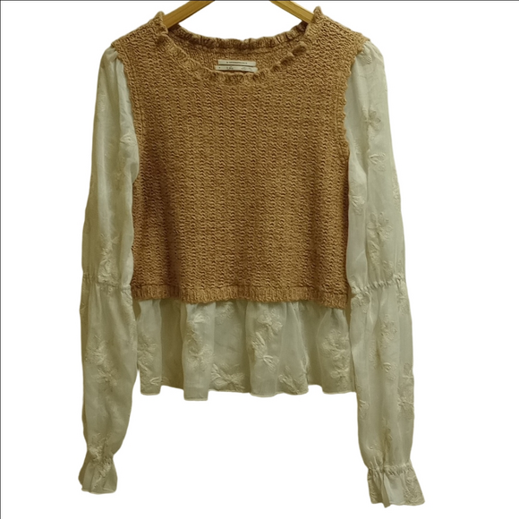 ANTHROPOLOGY TAN VEST SWEATER BLOUSE WITH SHEER RUFFLE  BALOON LAYERED SLEEVES🌼 - Picture 4 of 13